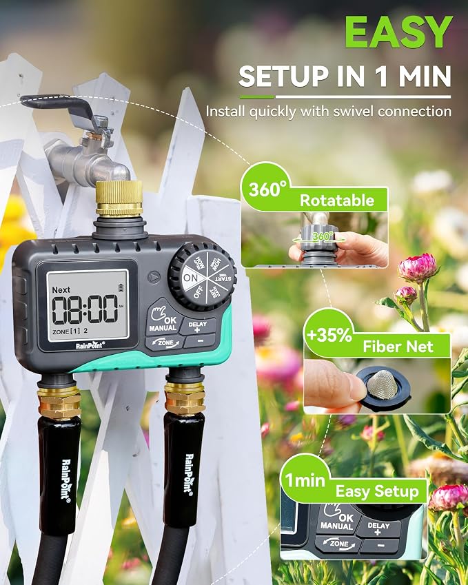RAINPOINT 2 Zone Sprinkler Timer with Brass Inlet and Outlet - Water Timer for Garden Hose with Rain Delay/Manual Watering/Automatic Irrigation Controller for Yard(Blue Green)