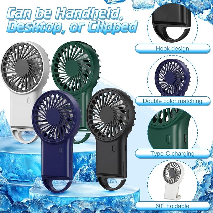 VIHOSE 4 Pcs Portable Hanging Fan, 3 Speeds Personal Rechargeable Desk Hand Held Small Fan with D Metal Hook for Cooling Small Personal Hands Outdoor Travel (Black,Dark Blue,Dark Green,White)