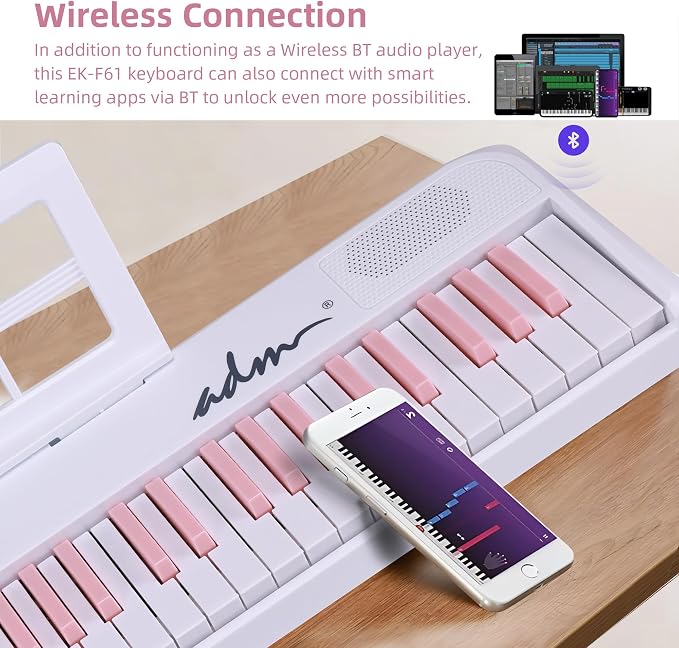 ADM 61 Key Folding Electric Piano Keyboard, Foldable Electronic Keyboard, Wireless 128 Tones, 128 Rhythms Includes Pedal, Gig Bag, Headphones for Beginners, Students, Teenagers, Adults, White