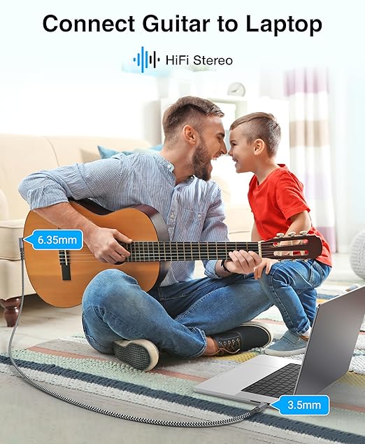 BlueRigger 6.35mm to 3.5mm Audio Cable (10FT, 90 Degree Bi-Directional, 6.35mm 1/4" Male to 3.5mm 1/8" Male TRS, Right Angled Braided Stereo Audio Cable for Cellphone, Amplifiers, Guitar, Speaker