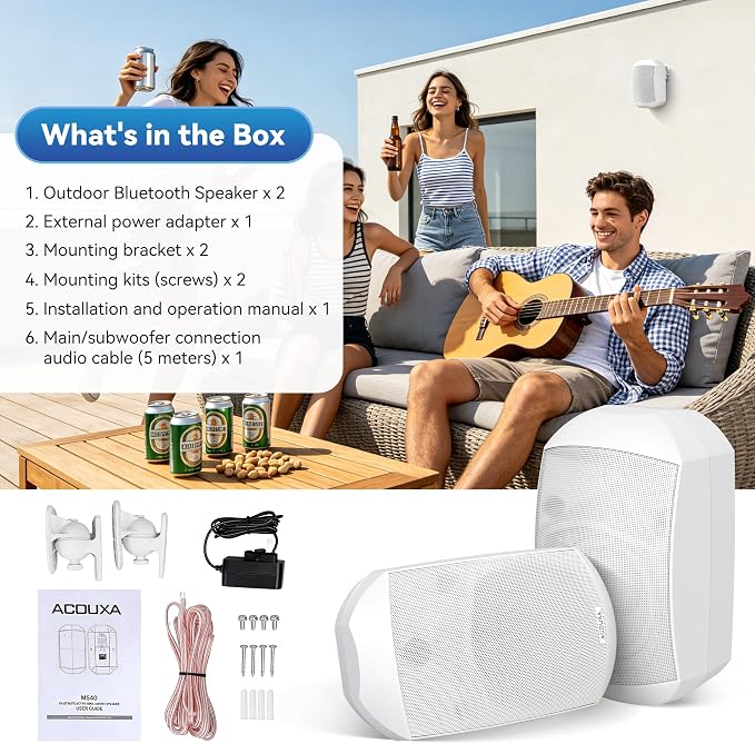 5.25 Inch Wall Mount Bluetooth 6.0 Outdoor Speaker,IP66 Waterproof Indoor/Outdoor Sound System,2-Way Woofer & Tweeter,600W Peak Wired Speakers for Pool,Patio,Garage,Home Theater(Pair,White)