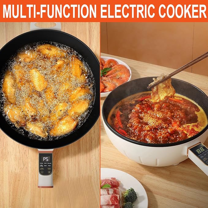 4L Electric Skillet 1000W Electric Cooker with Non-Stick Coating & Steamer, Timer & Schedule Cooking Settings, 12" Large Electric Hot Pot with Lid for Soup, Pasta, Frying, Stir-Fry