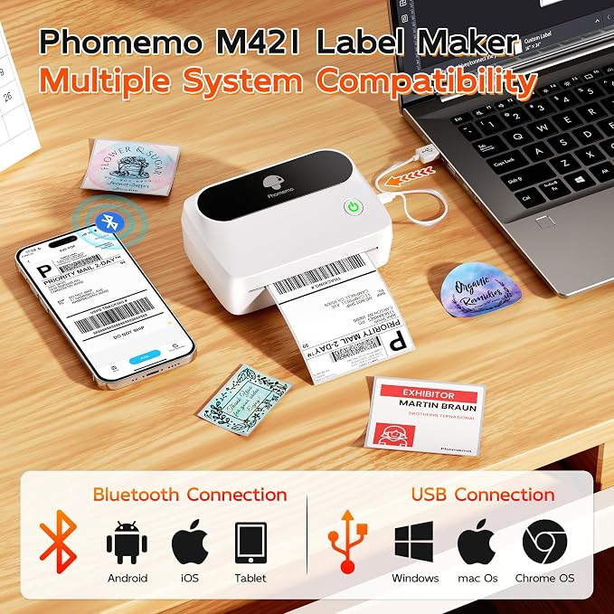 Phomemo M421 Label Maker, Label Printer for Warning Stickers Fragile Labels, with 1.97" x 3.15" (50x80mm) Red & Black Color Thermal Sticker Labels for Barcode, Address, Home, Business