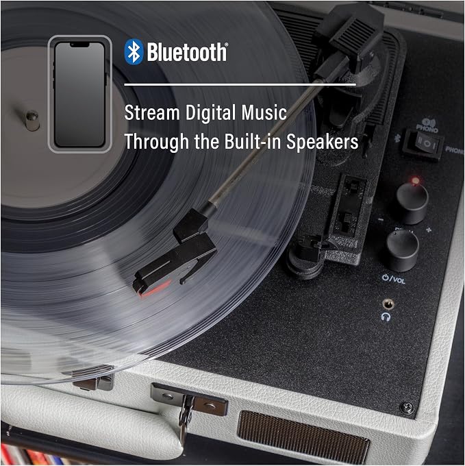 Crosley CR8005DP-WF Cruiser Plus Vintage 3-Speed Bluetooth in/Out Suitcase Vinyl Record Player Turntable, White Farmhouse