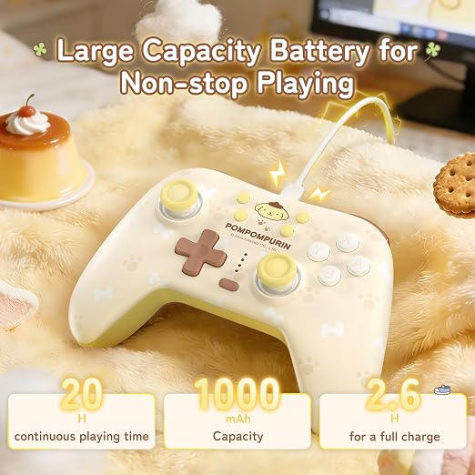 Kuitmor Pompompurin Dog Switch Pro Controller, Cute Hall Effect Wireless Gamepad No Drift for Switch 2/Switch/OLED/Lite, PC/Steam, Android, iOS, Bluetooth + Wired, Turbo, Back Buttons, 6-Aixs Gyro, Wake-up, RGB (Yellow, With Receiver)