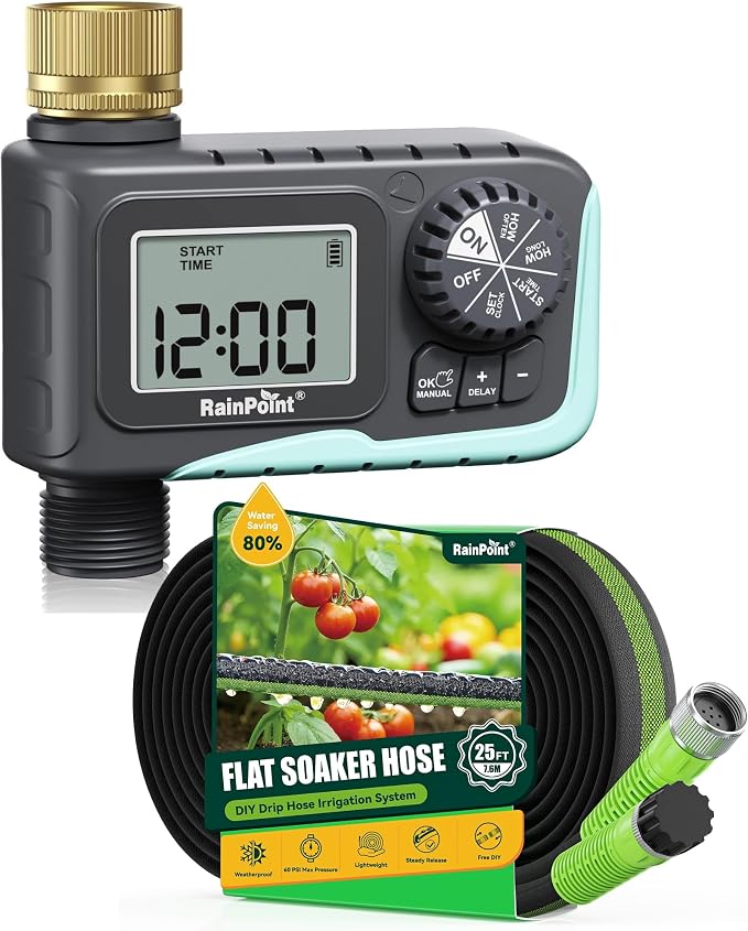 RainPoint Hose Timer & 25FT Soaker Hose, Water-Saving Auto-Irrigation System