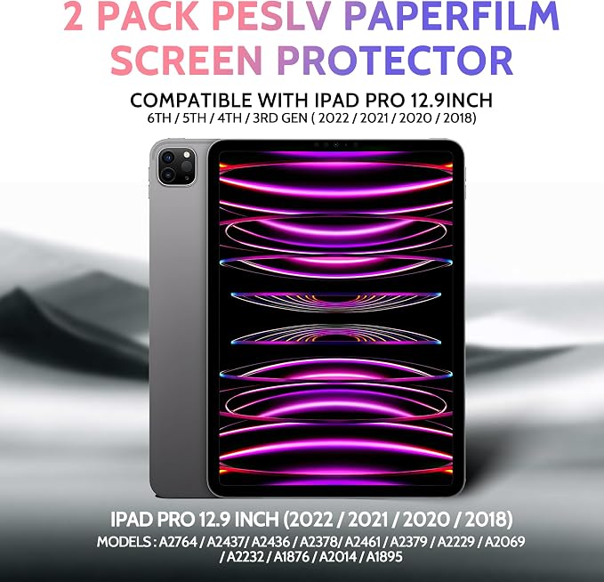 Peslv 2 Pack Like Paper Screen Protector for iPad Pro 12.9 inch (2022/2021/2020/2018), Matte Anti Glare PET Film/Blue Light Filter Eye Protection Cover/Drawing & Writing Feel Like on Paper