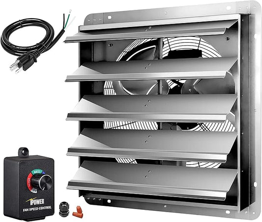 Simple Deluxe 20 Inch Wall Mounted Shutter Exhaust Fan with Speed Controller and Power Cord Kit, Aluminum, 1200 RPM, 3368 CFM, for Attic, Garage, Louvered Vent, Plant, Greenhouse, Silver