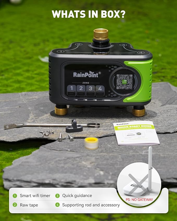 RAINPOINT 4 Zone WiFi Sprinkler Timer Without hub, 2027 New Version for Garden Hose, Outdoor Hose Water Timer with Brass Ports, APP & Voice Custom Irrigation Programs