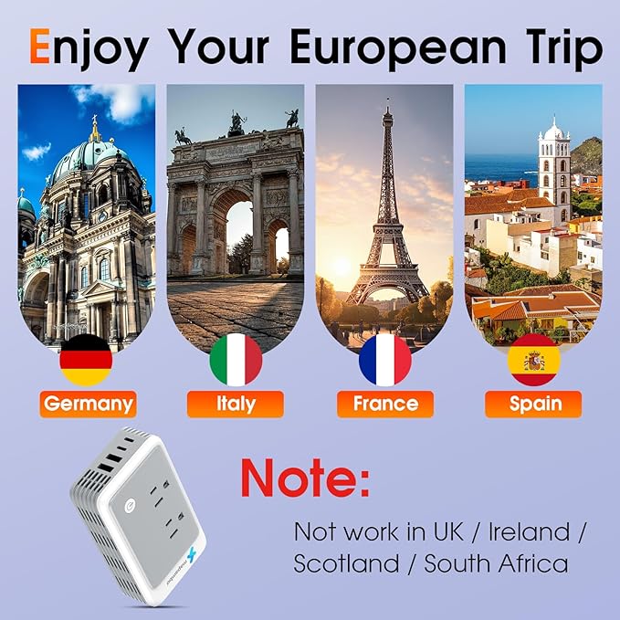 220V to 110V Voltage Converter US to Europe for Curling Iron and Hair Straighteners, Power Converter for European Travel Plug Adapter with 2 USB A & 2 USB C Ports (Type C-Europe)