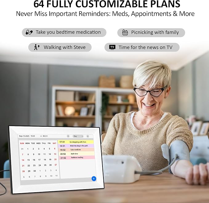 WiFi 10.1 Inch Digital Alarm Clock for Seniors, Large Display with Day/Date Smart Touchscreen Electronic Calendar 64 Alarms 64 Reminders Dementia Alarm Clock for Elderly（White）