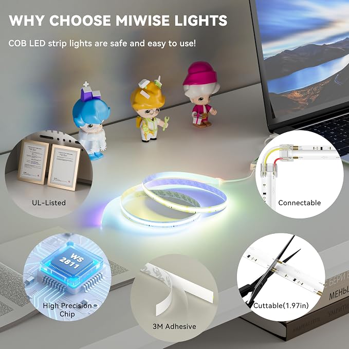 MIWISE 5V USB COB LED Strip Lights,RGB Smart IC LED Strip with App Control,Bluetooth Addressable Music Sync Color Changing Strip Lights,3M Back-Adhesive for Gaming Room PC Home Decor 6.56ft