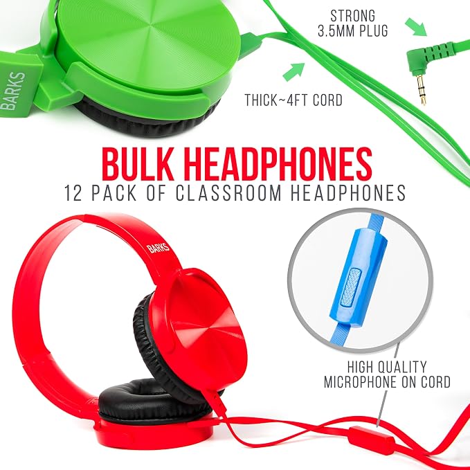 Barks Classroom Headphones with Microphone (Colorful, 12 Pack) - Wired 3.5mm On-Ear Bulk Headphones for Classroom: Best for Students K-12 Schools (Durable, Inline Microphone, Great Recording Quality)