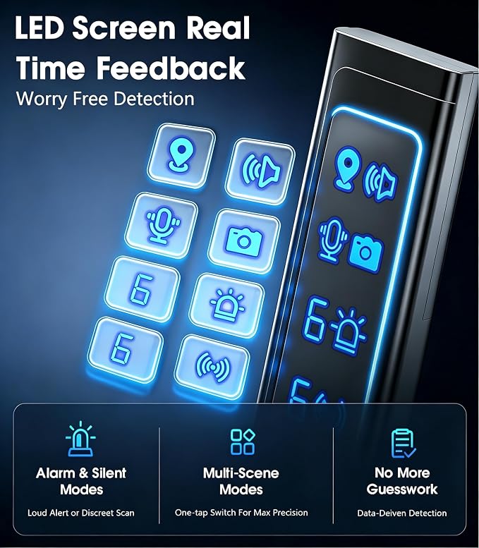 AI Hidden Camera Detector, Professional Privacy Protection Device & Wireless Device Detector, 6 Sensitivity Levels, 4 Modes, Privacy Protector for Hotel, Office, Car, Travel