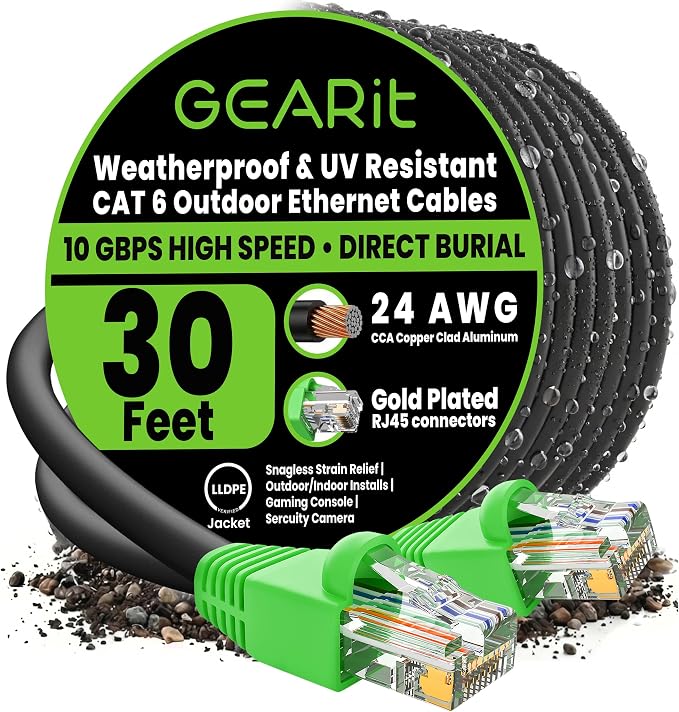 GEARit RJ45 Cat-6 Ethernet Patch Cable, 10Gpbs Transfer Speed, Gold-Plated Connectors, Copper Clad, Outdoor, UV Resistant, Direct Burial, Waterproof, Durable, 30 Foot (9.1 Meters), Black