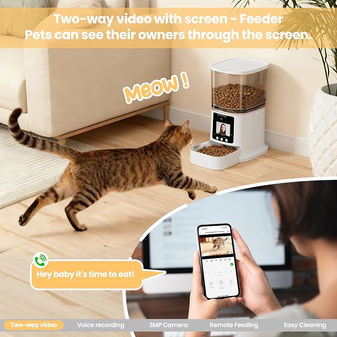 Automatic Cat Feeders, 5L Timed Cat Dry Food Dispenser, 5G WiFi Pet Feeder with 2-Way Audio, 10s Voice Recorder, Equipped with Screen and bidirectional Video Function, (White)