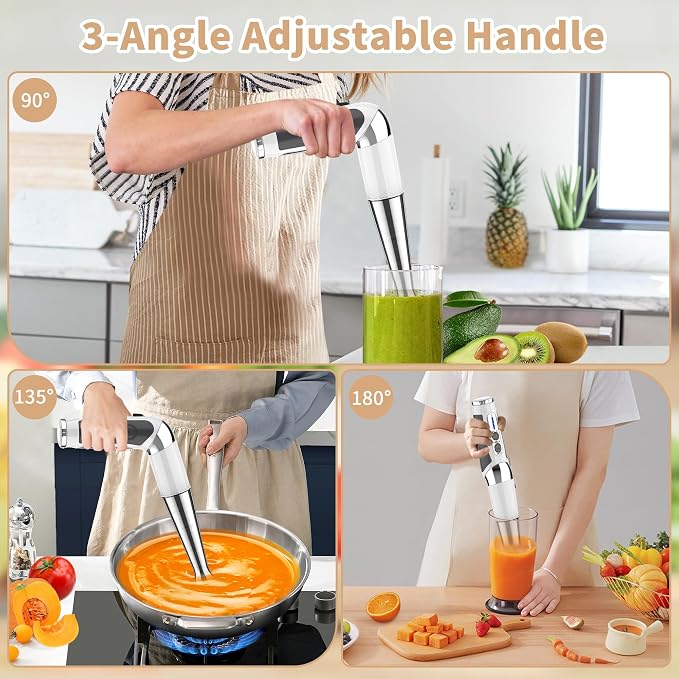 Toogel Cordless Immersion Blender, Electric Hand Blender with 21-Speed & 3-Angle Adjust, USB Rechargeable, BPA-Free & Dishwasher Safe for Baby Food, Smoothies, Soup (White)