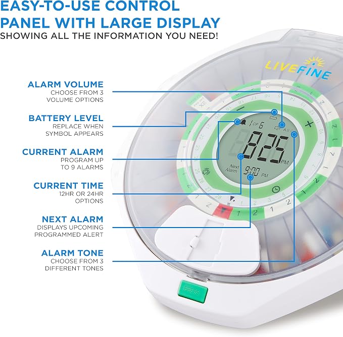 Live Fine 28-Day Automatic Pill Dispenser Frosted Lid with Upgraded LCD Display and Key Lock, Sound & Light for Prescriptions, Medication, Vitamins, Supplements & More