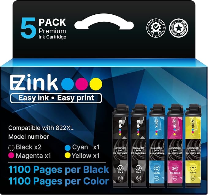 E-Z Ink Remanufactured Ink Cartridge Replacement for Epson 822XL Ink Cartridges Combo Pack for 822 Ink Cartridges for WF-3820 WF-3823 WF-4820 WF-4830 WF-4833 Printer (5Pack Black Cyan Magenta Yellow)