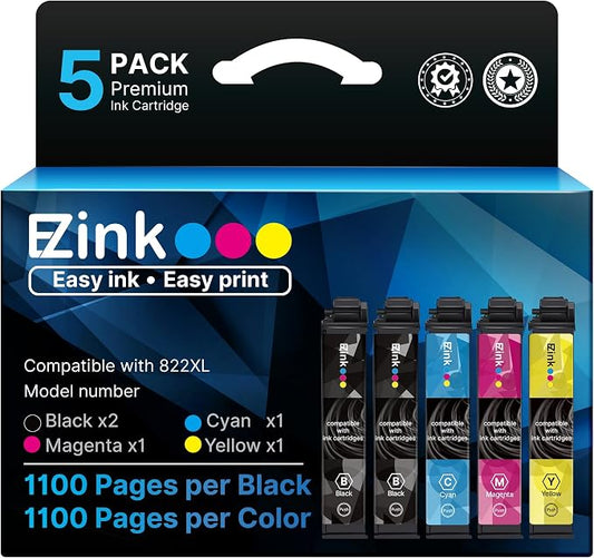 E-Z Ink Remanufactured Ink Cartridge Replacement for Epson 822XL Ink Cartridges Combo Pack for 822 Ink Cartridges for WF-3820 WF-3823 WF-4820 WF-4830 WF-4833 Printer (5Pack Black Cyan Magenta Yellow)