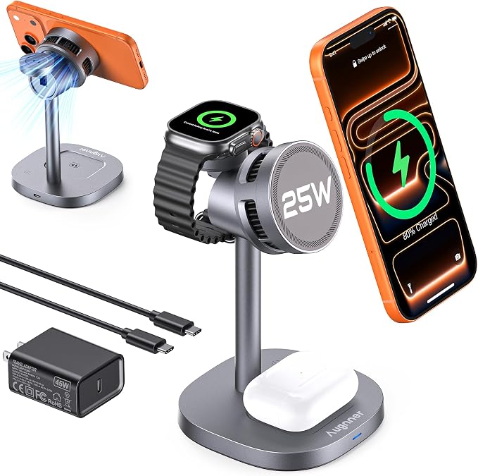 Augnner 3 in 1 Wireless Charging Station, 25W Certified Fast Magnetic Charger, Mag-Safe Wireless Charger Stand with TEC Active Cooling, for iPhone17/16/15/14/13/12, Apple Watch/AirPods