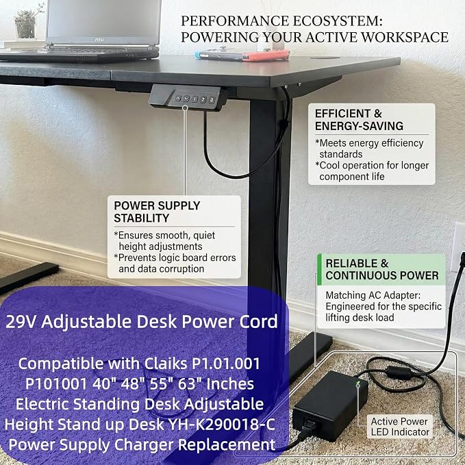 29V AC/DC Adapter Compatible with Claiks Electric Standing Desk | Adjustable Height Stand up Desk P1.01.001 P101001 40" 48" 55" 63", Replacement Charger for YH-K290018-C Power Supply