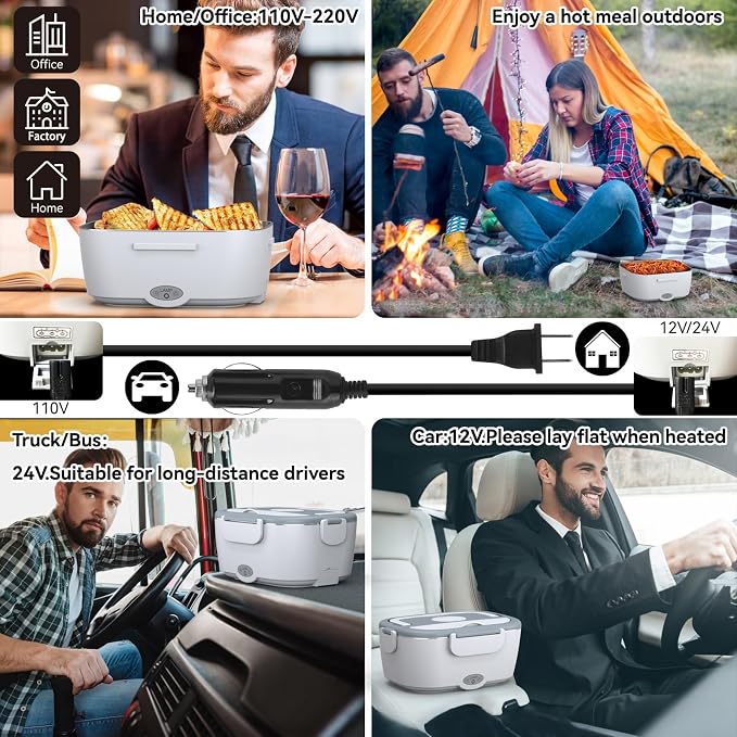 Sitlais Electric Lunch Box for Adults - Fast Heating Portable Food Warmer with 2 of 53oz 304 Stainless Steel Containers 12V/24V/110V Heated Lunch Box for Men&Women Work Office Truck Travel lonchera