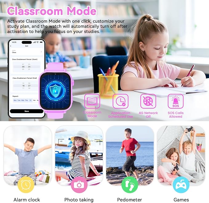 4G Kids Smart Watch Phone GPS, Smartwatch for Boys Girls Ages 4-12 Years with Video Call Chat Class Mode SOS Camera Alarm Games Parental App Touch Watch Gifts for Children (Includes SIM Card) Purple