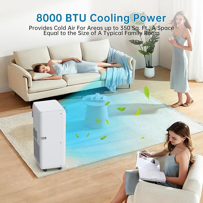 8000 BTU Portable Air Conditioners - 3-in-1 AC Unit for 350 Sq.Ft Rooms with Dehumidifier, Timer, Remote & LED Display