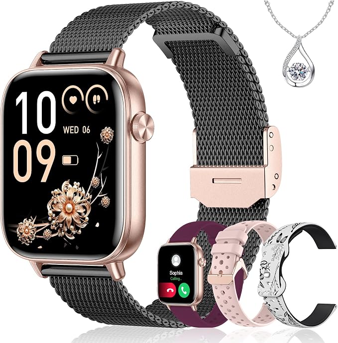 Iaret Smart Watch for Women, 1.83" HD Fitness Tracker with 4 Bands, Answer/Make Calls, Heart Rate/Sleep/SpO2/Step Tracking, 100+ Sport Modes, Android/iPhone Compatible Gift (Black Gold)