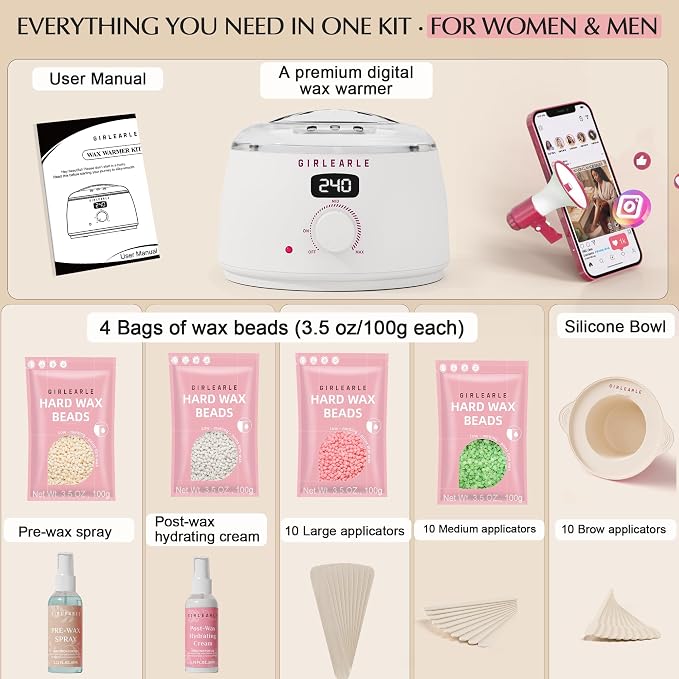 GIRLEARLE White Digital Waxing Kit for Women and Men Sensitive Skin, Wax Warmer Hair Removal at Home with Wax Beads & Silicone Pot, Target Different Types of Brazilian Bikini, Facial, Leg, Full body