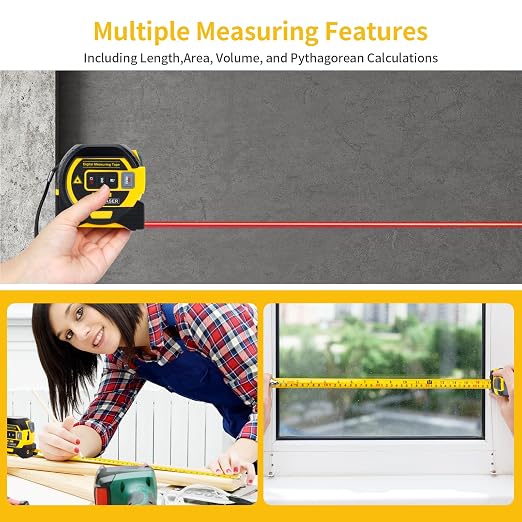 5m/16ft Digital Laser Tape Measure, WTWD 100m/328ft Laser Distance Measure with Cross-Line Laser Level, Area/Volume Calculator, Battery Powered, Voice Output, Backlit LCD, ft/in/m for Construction
