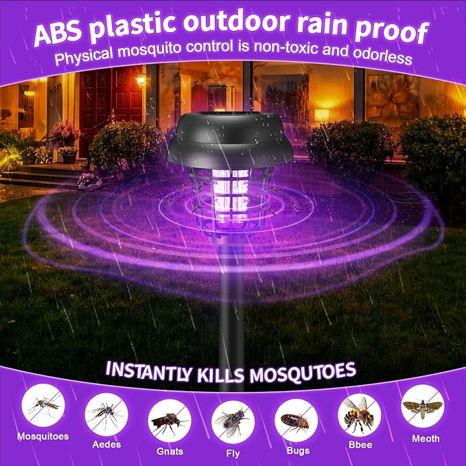 4 Pcs Solar Bug Zapper Outdoor Waterproof Mosquito Repellent Light Solar Power Fly Killer Lamps for Moths, Gnats, Fly, Small Flying Insect Backyard Garden Lawn (Plastic,Purple & Warm Light)