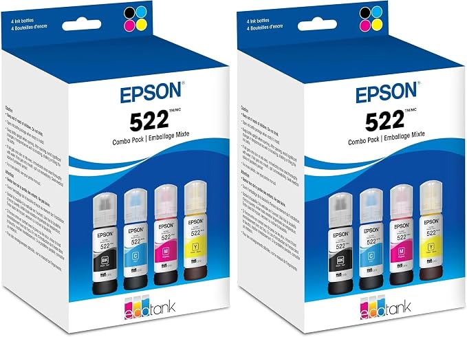 Epson 522 EcoTank Ink Ultra-high Capacity Bottle Black & Color Combo Pack (T522120-BCS) Works with ET-2720,2800,2803,2840,4700,4800,4810,(Pack of 2)