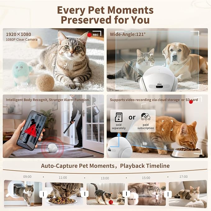 1080P Moving Pet Robot Camera, Smart Home Security Robot with Auto Tracking, Night Vision, 2-Way Audio, Auto-Recharge, Motion Alerts, App Control for Pet, Baby & Elderly Care