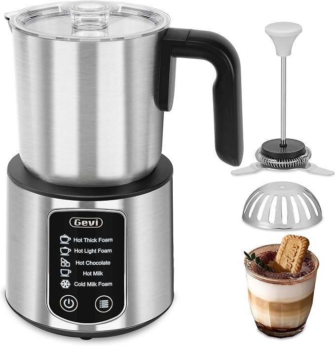 Gevi Milk Frother,5 in 1 Stainless Steel Professional Milk Steamer，Easy to Clean Hot Chocolate Maker,for Hot and Cold Milk Frother for Latte,Macchiato,Cappuccino and Hot Chocolate
