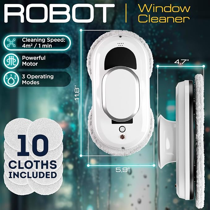 APQ Supply White Automatic Window Cleaner Robot W100, 11.8 x 5.9 x 4.7 Inch, 3 Cleaning Modes, 10 Cloth Pads, Window Glass Vacuum Cleaner, Quiet 72dB
