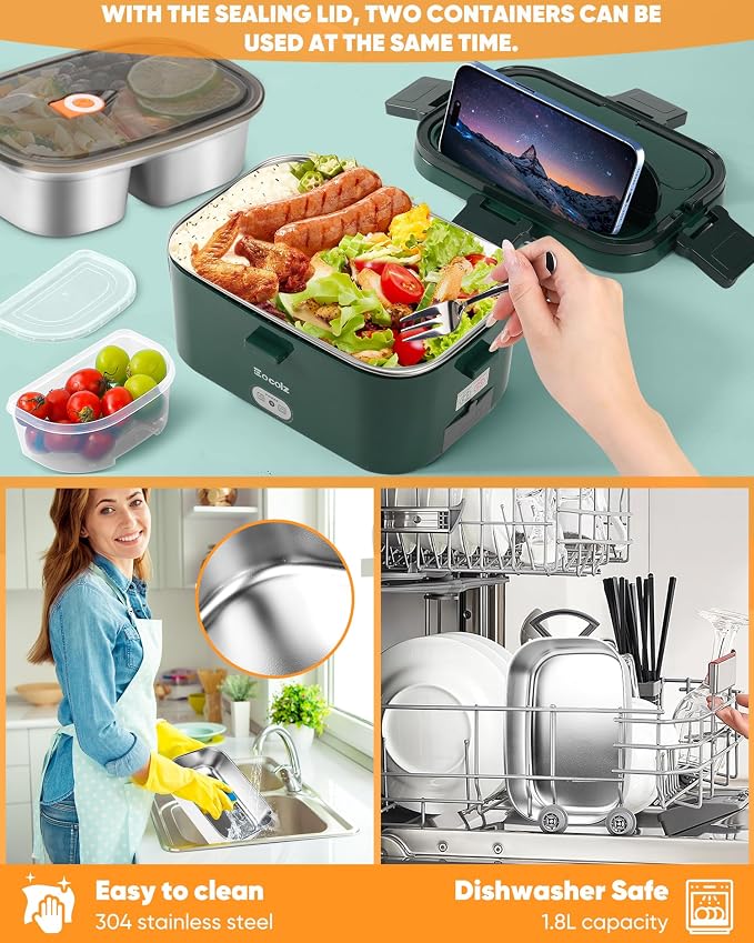 Eocolz Electric Lunch Box Food Heater 100W, Food Warmer with Dual Container 1.8L Portable Heated Lunch Box for Car Truck Work Stainless Steel Fork & Spoon 12/24/110V for Adults Lonchera Eléctrica