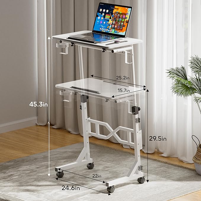 Oransail Small Standing Desk with Wheels, 29.5-45.3 Inch Adjustable Height, Portable Treadmill Desk, Rolling Computer Table for Walking Pad with a Cup Holder and a Hook