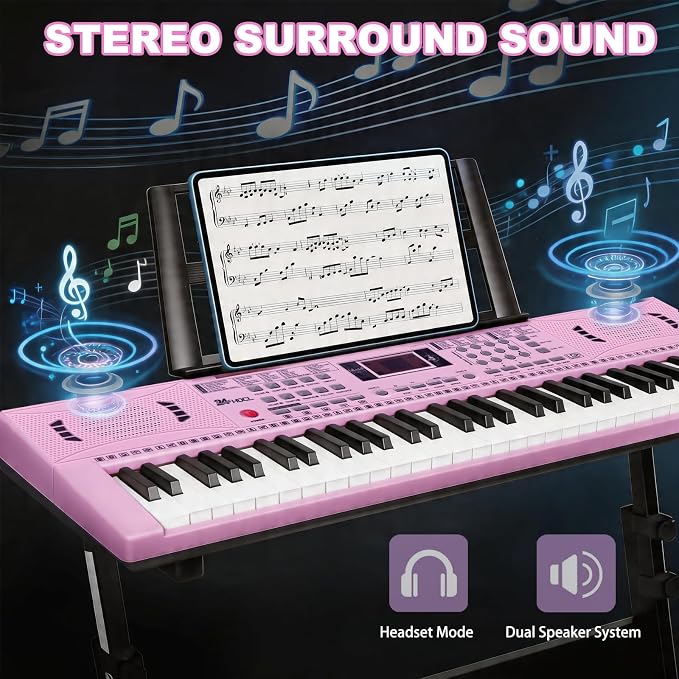 61 Key Keyboard Piano, Digital Kids Piano Keyboard with Stand, Gift for Early Education Children, Pink
