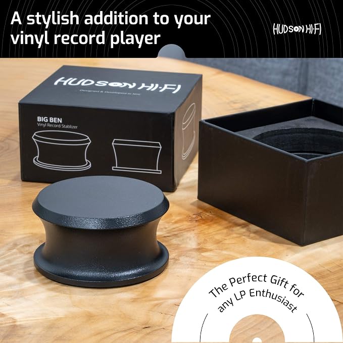 Hudson Hi-Fi BigBen Record Weight Stabilizer with Protective Leather Pad - 13-Ounce Vinyl Weight - Solid Steel Turntable Weight Stabilizer, Vinyl Record Accessories for Improved Sound - Black