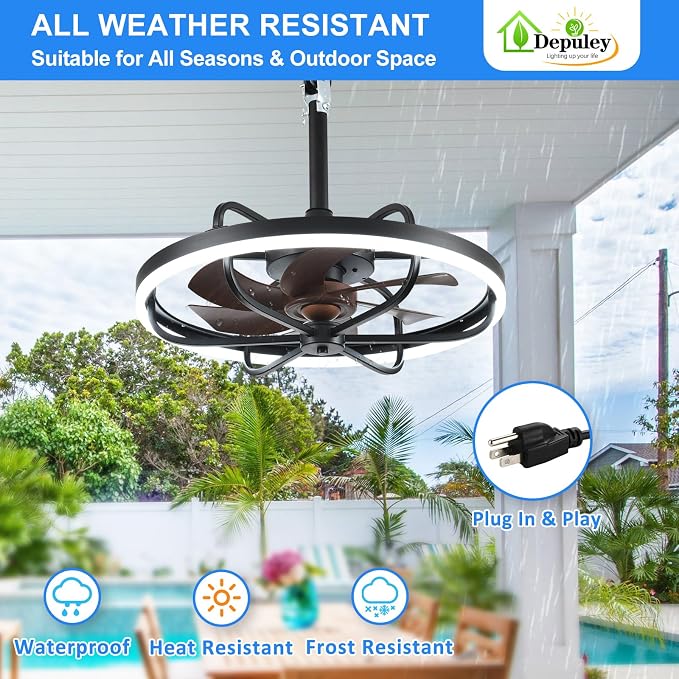 Depuley 20" Outdoor Ceiling Fan with Lights, Walnut and Black Waterproof Gazebo Hanging Fan with Remote App Control, Dimmable Plug in Caged Outdoor Ceiling Fans for patios Porch 6-Speeds