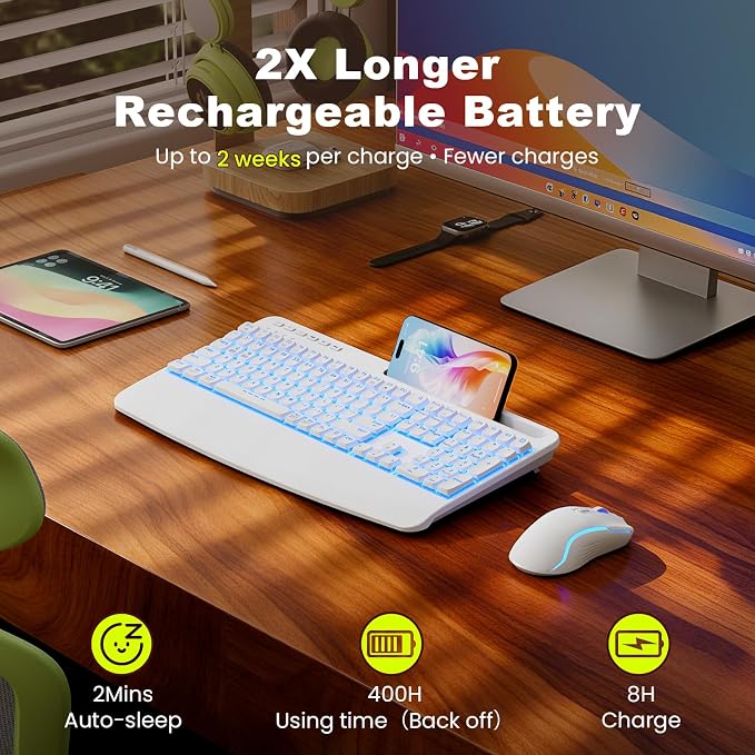 White Keyboard and Mouse Wireless Combo, 4000mAh Rechargeable Backlit Quiet Keyboards mice Set, USB Ergonomic Key Board with Wrist Rest & Phone Holder for PC, Mac, Windows, Natural Soft Typing