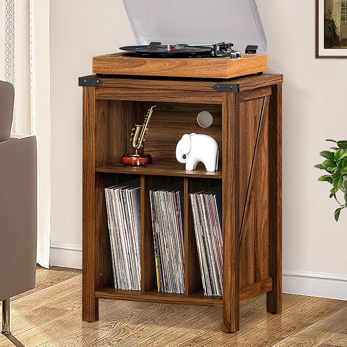 Joaxswe Record Player Stand with Vinyl Record Storage,Rustic Brown Record Player Table Holds up to 160 Albums,Large Wood Turntable Stand Cabinet Dispaly Shelf for Living Room,Bedroom,Office