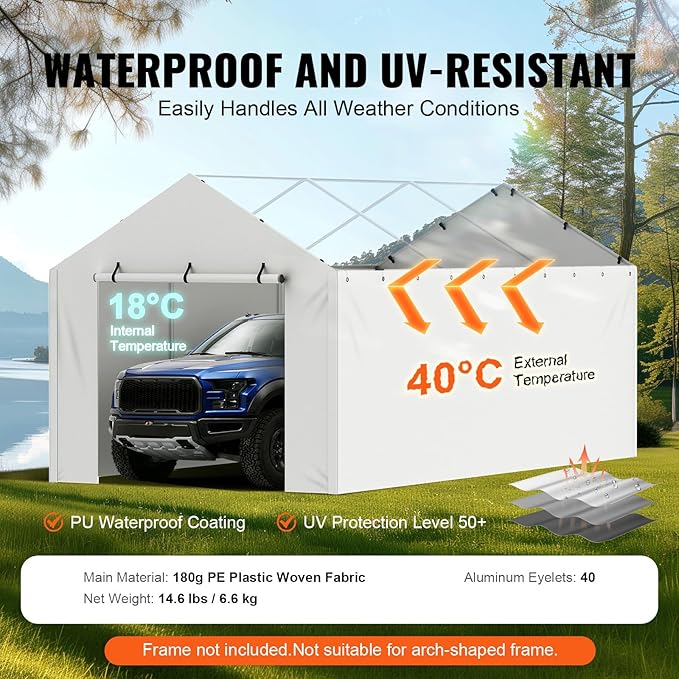VEVOR Carport Replacement Canopy Cover Side Wall 10 x 20 ft, Garage Tent Shelter Tarp Heavy-Duty Waterproof & UV Protected, Easy Installation with Ball Bungees,White (Top and Frame Not Included)