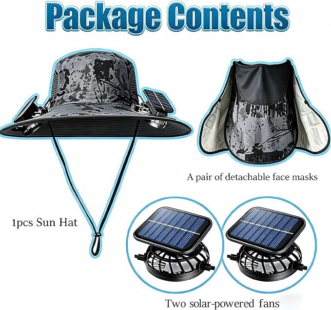 Solar Powered Fan Hat with 2 Fans, Wide Brim Sun Hat for Men Women, Adjustable Cooling Fishing Hat for Outdoor