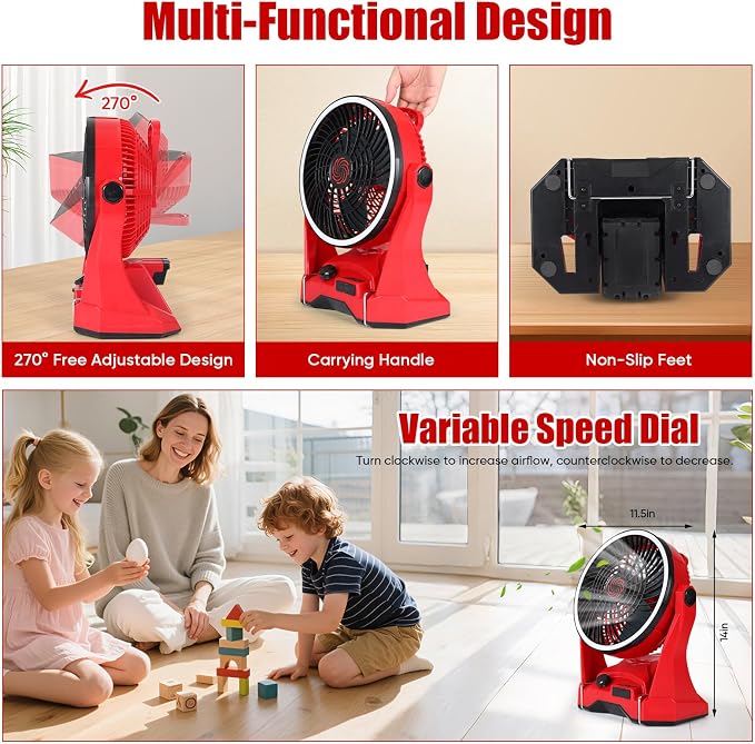 Cordless Fan for Milwaukee M18 18V Battery – 10 Inch 650CFM Jobsite Fan for Construction Workers & Outdoor Use | Variable Speed, 4.5Hr Runtime, USB Charging, AC or Battery Powered | Tool Only