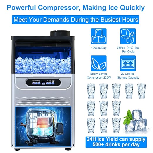 Amzgachfktch Commercial Ice Maker, 100lbs/24H Ice Maker Machine, 2 Water Inlet Modes, Ice Machine with 22lbs Storage, Auto Self-Cleaning, Under Counter/Freestanding Ice Maker for Home/Office/Shop/Bar