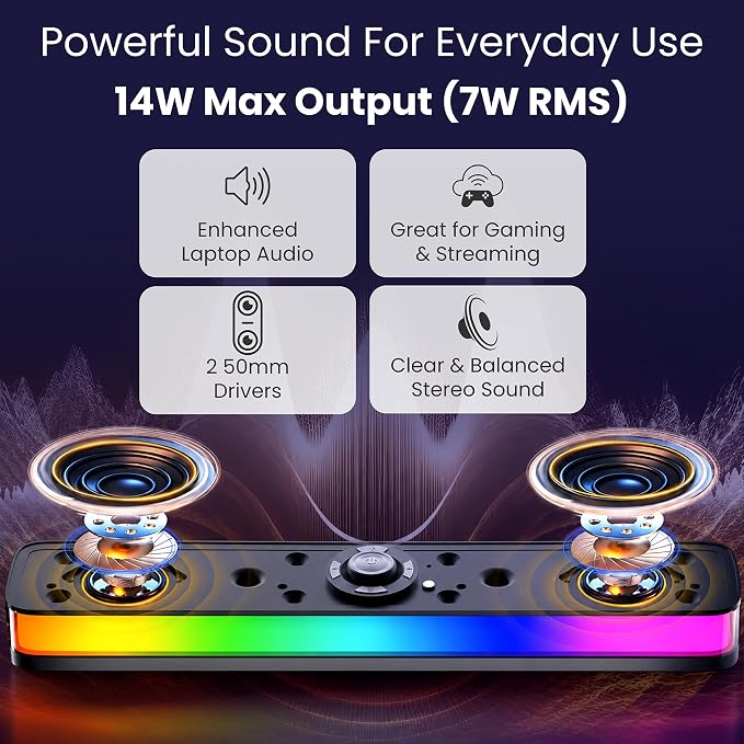 PHILIPS PC Sound Bar, Computer Speakers for Desktop, Bluetooth 5.4 Soundbar with Built-in Microphone, Clear Audio, RGB Lights with Volume Knob, USB Playback, for Laptop, Monitor, Gaming Setup