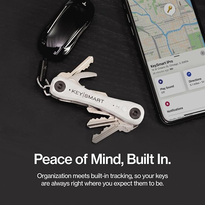 KeySmart iPro - Key Finder Locator with Sound, Keychain Key Holder, Apple Find My App Compatible, Key Organizer, Compact Clutter-Free Key Chain Tracker, Rechargeable Battery (Up to 14 Keys, White)
